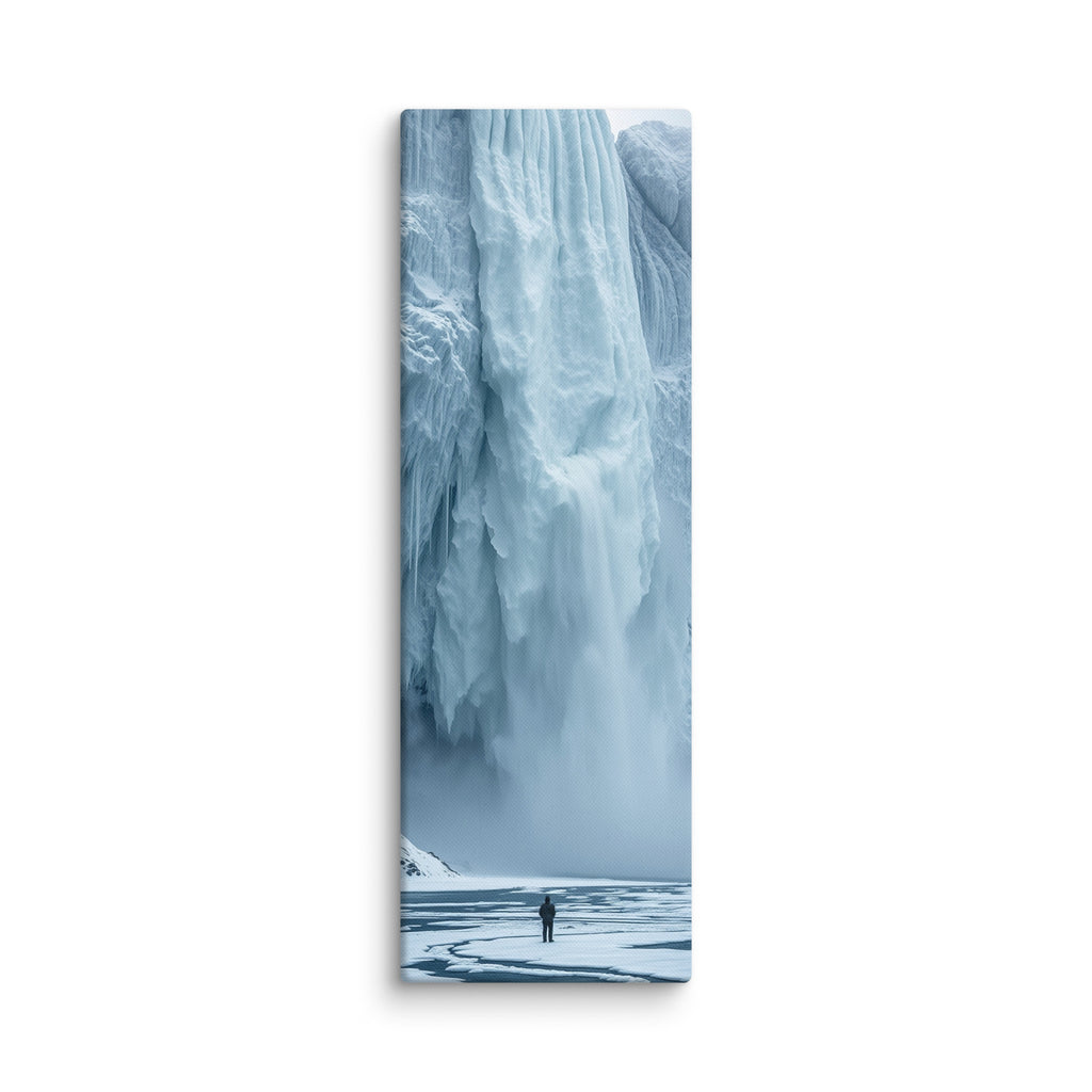 Water Held In Time, tall wrapped canvas print: a lone figure on a frozen river before a massive blue icefall with dark open water.