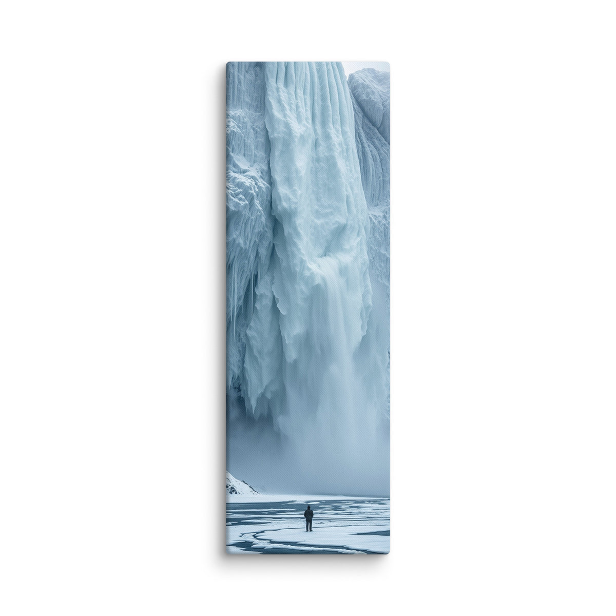 Water Held In Time, tall wrapped canvas print: a lone figure on a frozen river before a massive blue icefall with dark open water.
