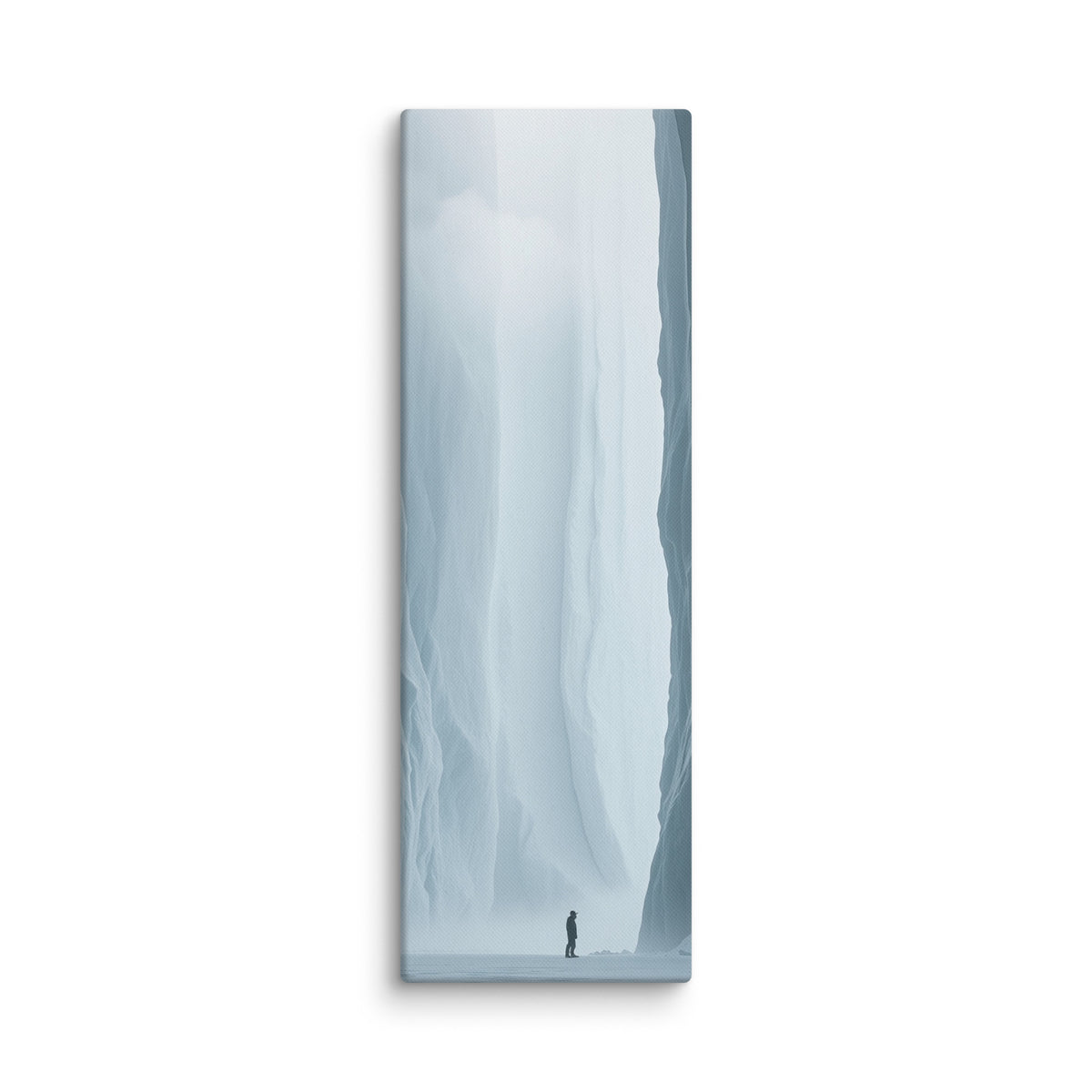 Where Forms Dissolve, tall wrapped canvas print: a lone figure in a bright white ice passage dissolving into light.