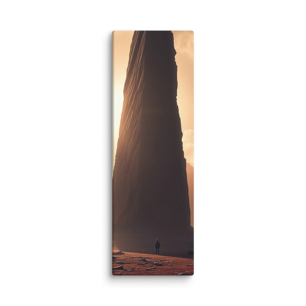 Before The First Light, tall wrapped canvas print: a lone figure before a colossal dark monolith with golden dawn light behind it.