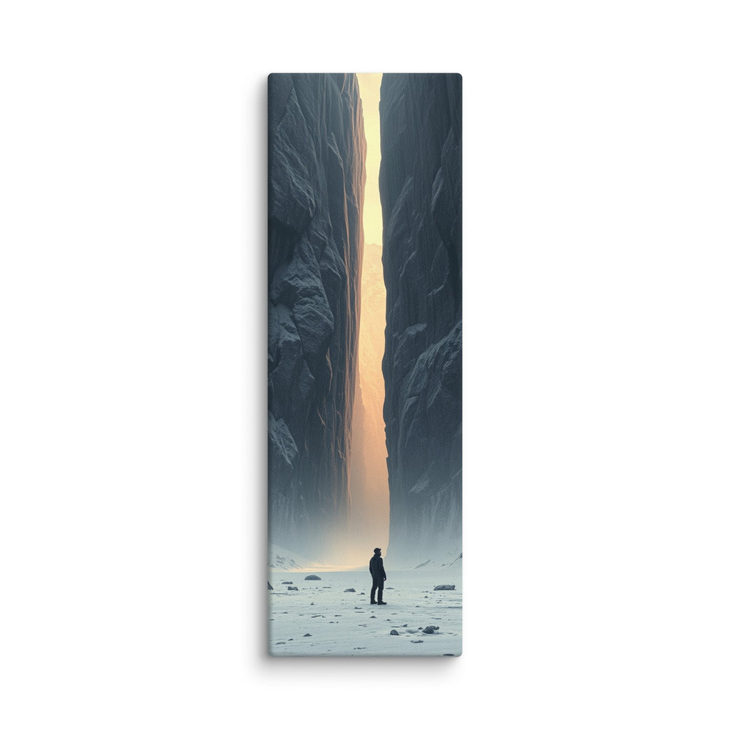 The Dawn Slot, tall wrapped canvas print: a lone figure on a snowy plain before a narrow slot of glowing ice between dark rock walls.