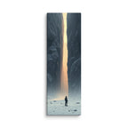 The Dawn Slot, tall wrapped canvas print: a lone figure on a snowy plain before a narrow slot of glowing ice between dark rock walls.