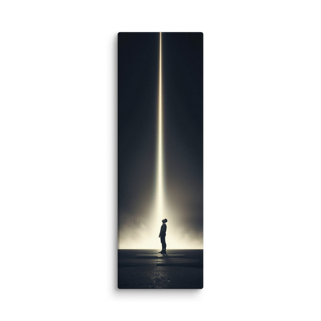 The Descending Light, tall wrapped canvas print: a lone figure looking up at a single vertical beam of golden light in darkness.