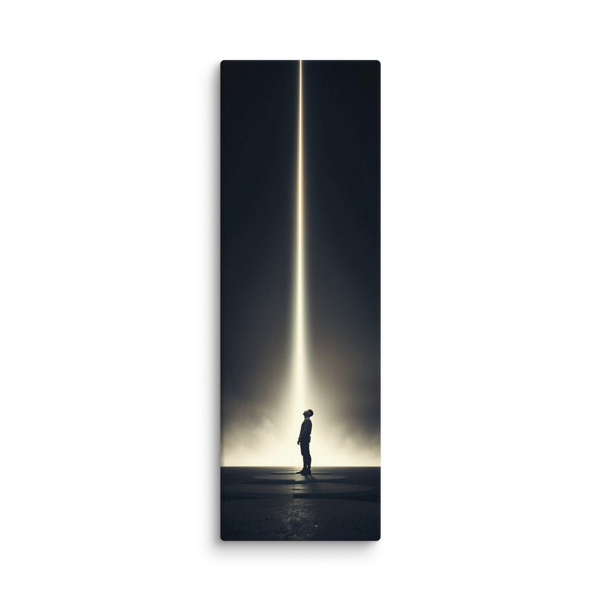 The Descending Light, tall wrapped canvas print: a lone figure looking up at a single vertical beam of golden light in darkness.