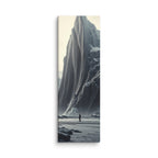 The Obsidian Spire, tall wrapped canvas print: a lone figure before a colossal dark striated mountain spire veined with ice.