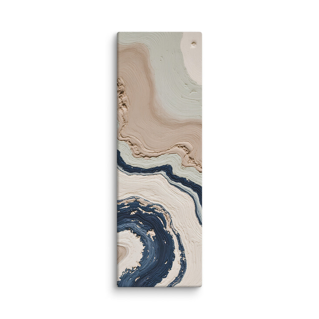 Striata shard canvas artwork with rhythmic bands of mineral color and sediment-like layers, shown on white.