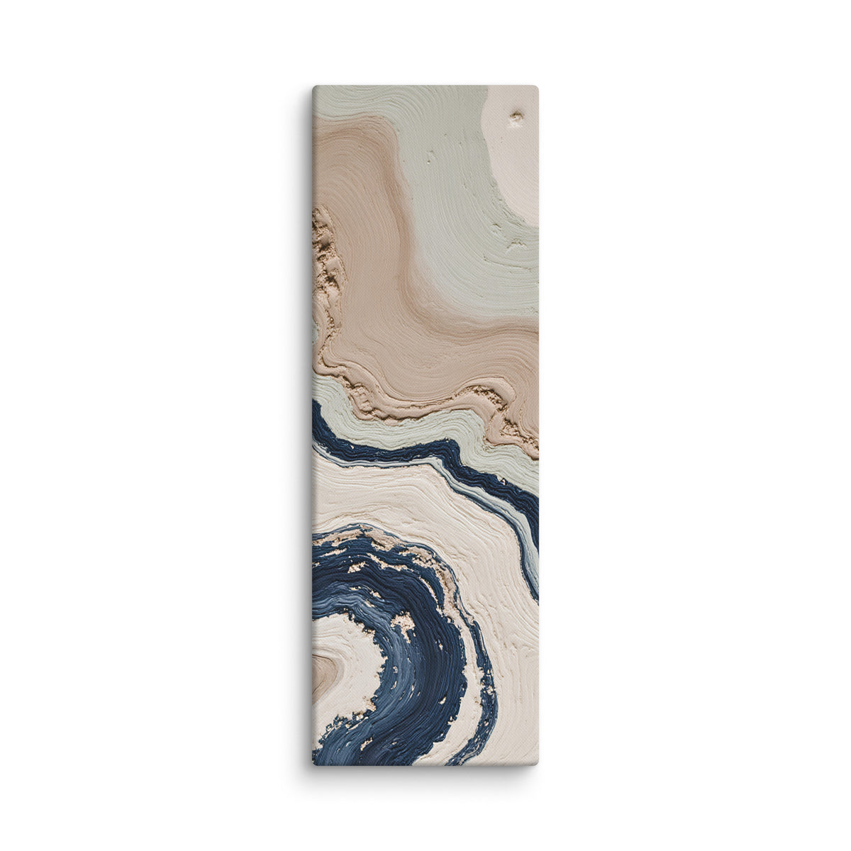 Striata shard canvas artwork with rhythmic bands of mineral color and sediment-like layers, shown on white.