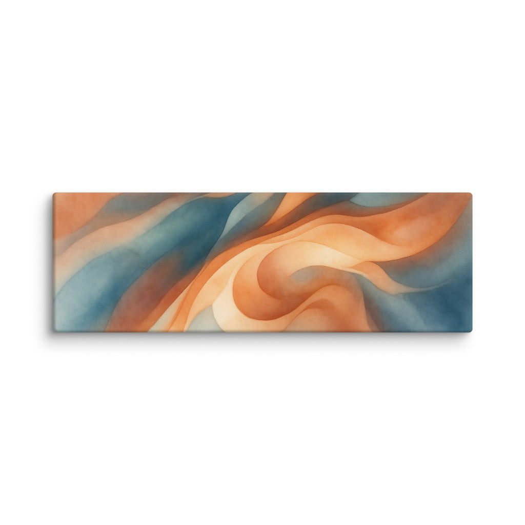 Stria Confluence panoramic abstract canvas art featuring flowing convergent waves of warm ochre, cream, and deep slate blue, shown on white.