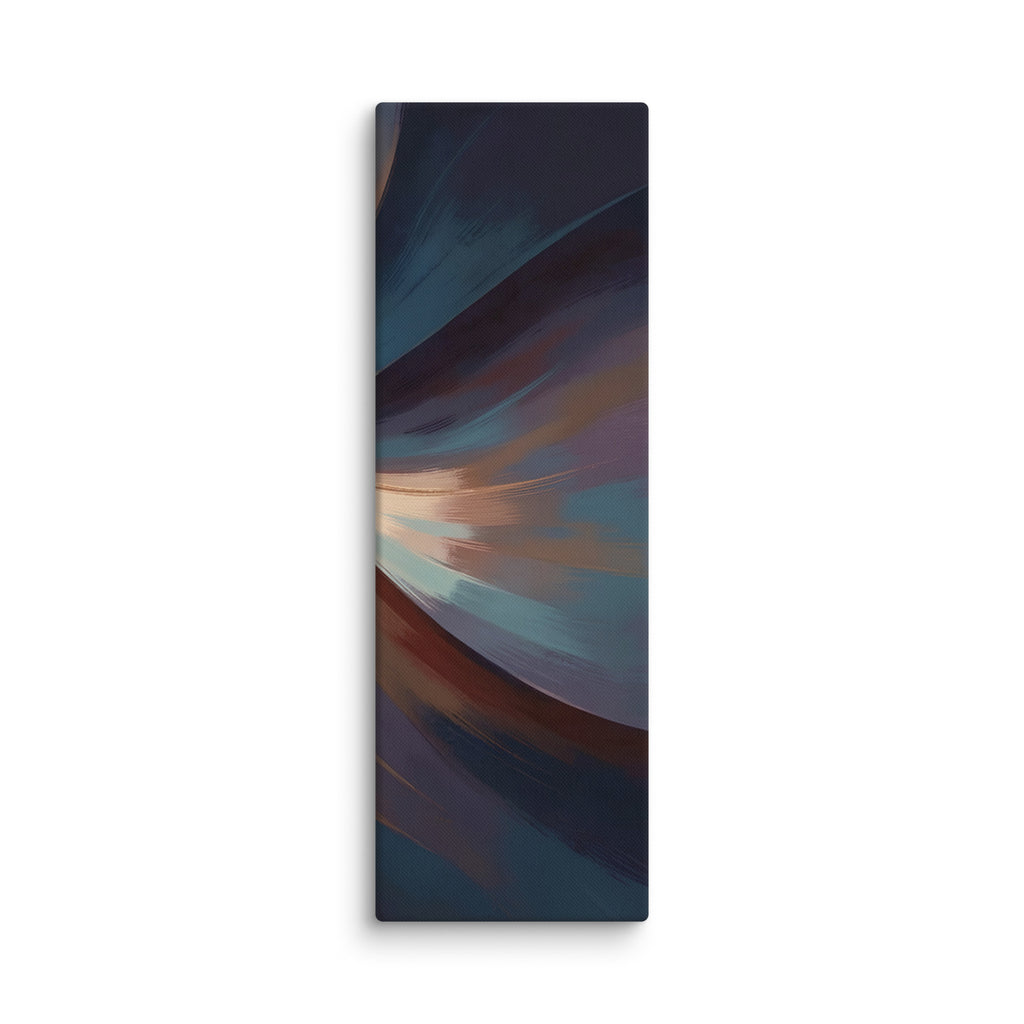 Stria Drift tall vertical canvas wall art with cascading ribbons of ochre, copper, and charcoal, shown on white.