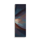Stria Drift tall vertical canvas wall art with cascading ribbons of ochre, copper, and charcoal, shown on white.