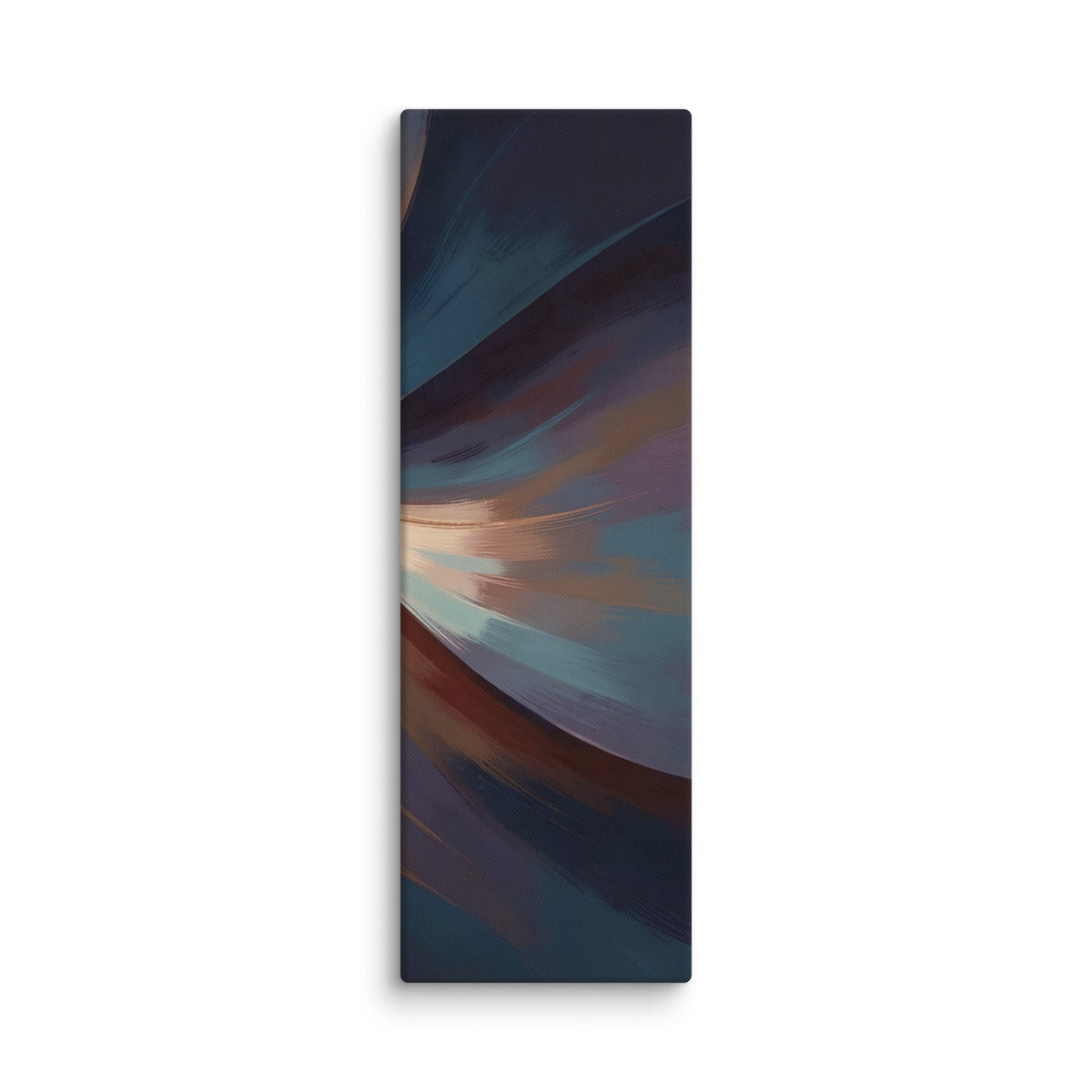 Stria Drift tall vertical canvas wall art with cascading ribbons of ochre, copper, and charcoal, shown on white.