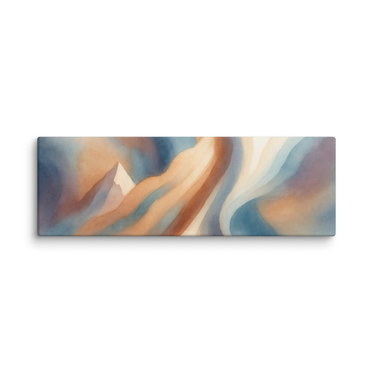 Stria Eddy wide panoramic abstract canvas featuring curling eddies of ochre, soft cream, and slate teal, shown on white.