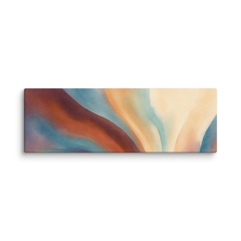 Stria Estuary wide panoramic canvas print showing layered horizontal mineral bands of copper, warm sand, and charcoal, shown on white.