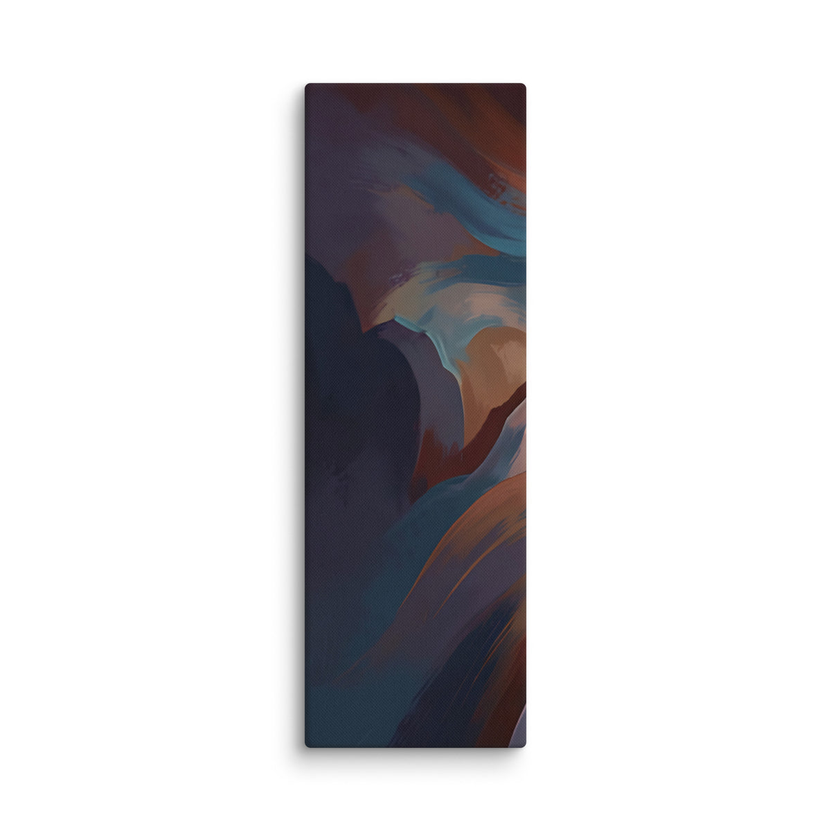 Stria Flume tall vertical canvas artwork displaying intricate braided currents of ochre and dark indigo, shown on white.