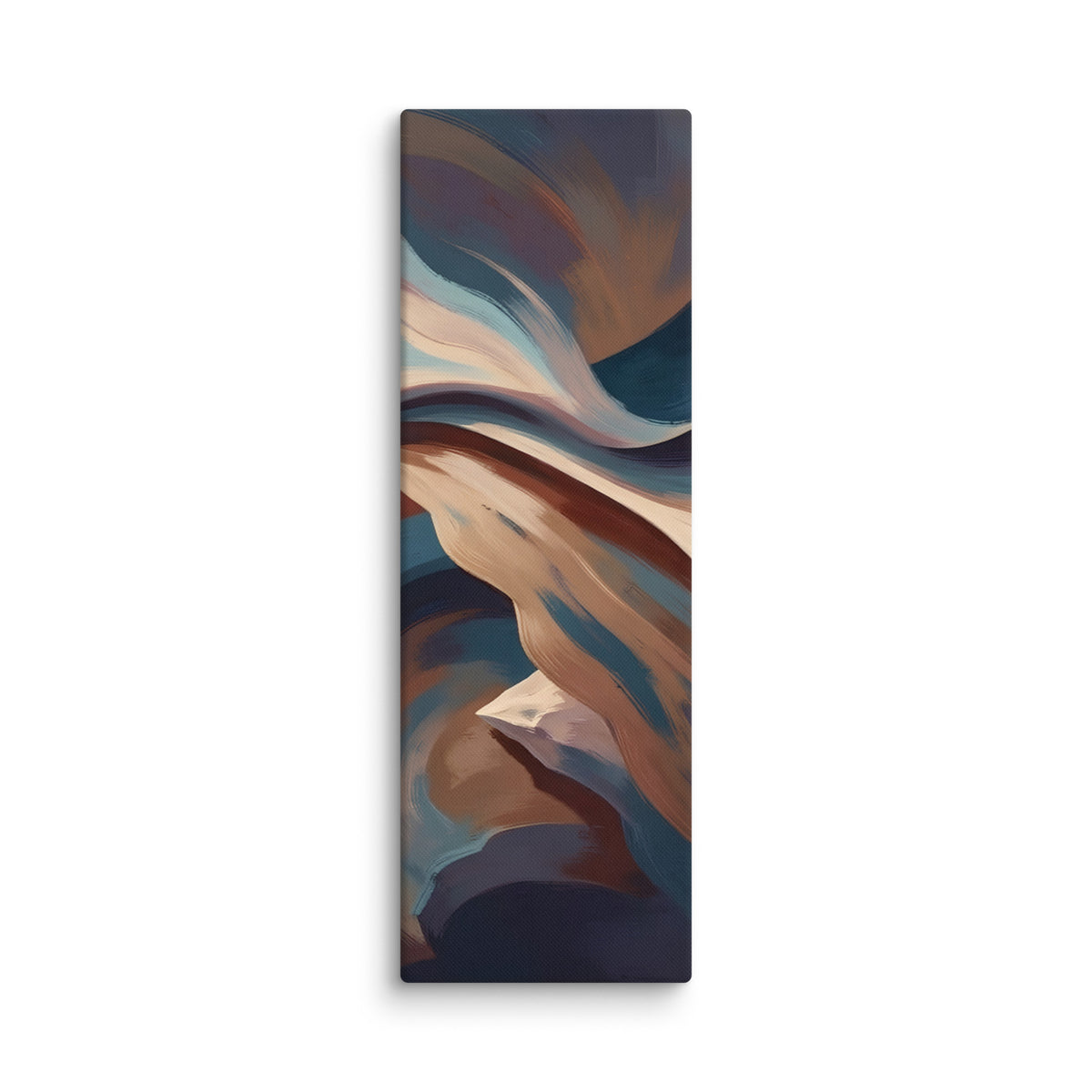 Stria Fulcrum vertical abstract canvas print featuring cantilevered mineral bands in ochre, cream, and carbon slate, shown on white.