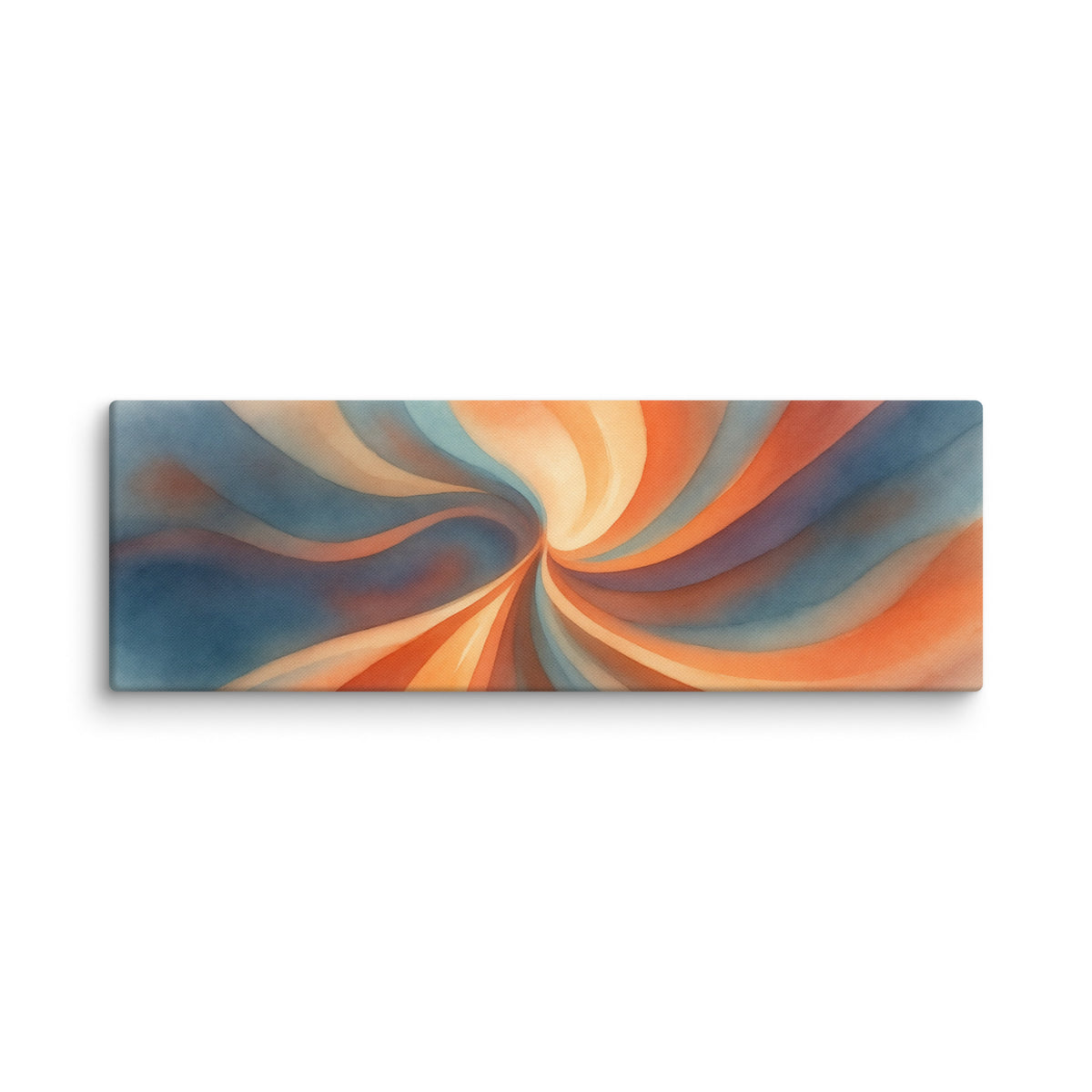 Stria Gyre wide horizontal canvas featuring a radiant center with sweeping arms of copper, cream, and deep blue, shown on white.
