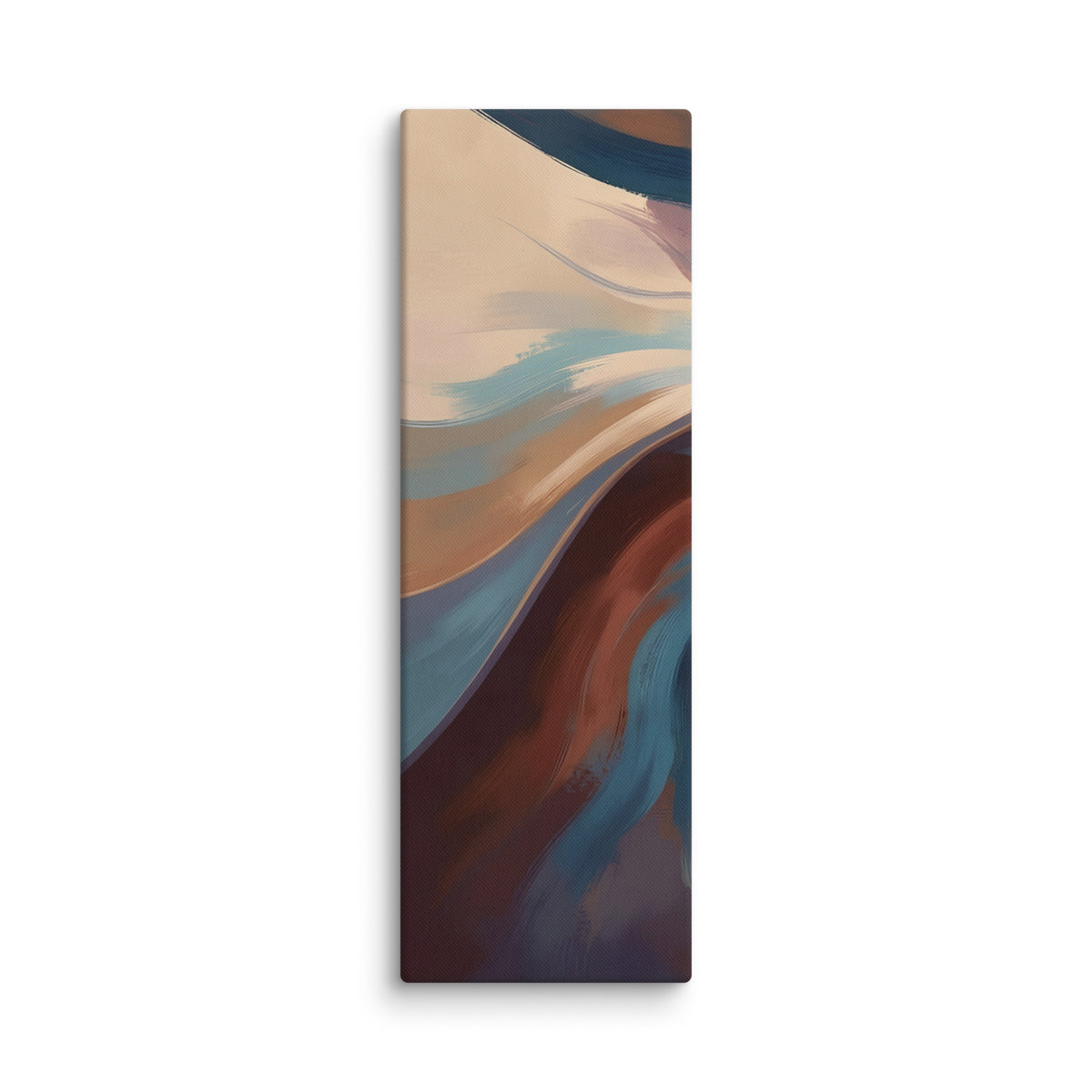Stria Incline tall vertical canvas artwork showing diagonal layers of terracotta, sand, and dark blue, shown on white.