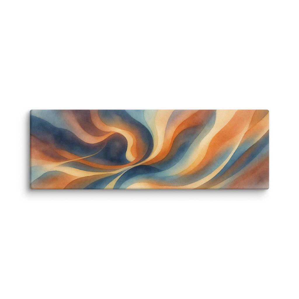 Stria Meander horizontal panoramic canvas art with winding curves of warm amber, soft bone, and smoky slate, shown on white.