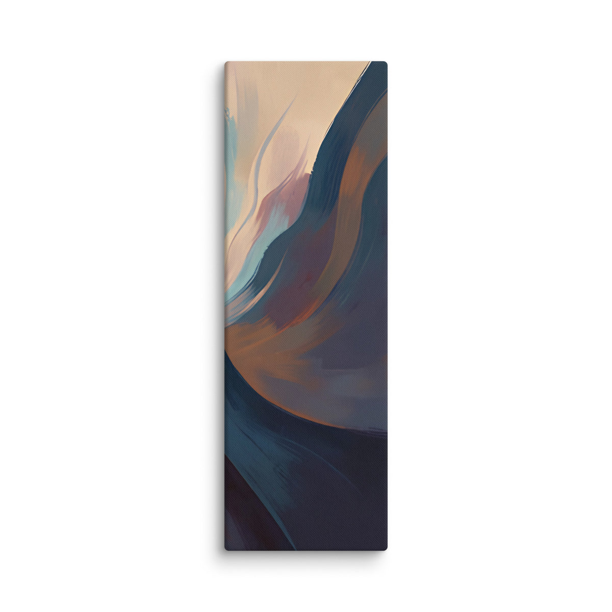 Stria Splay tall vertical canvas artwork showing delicate fanned ribbons of slate, copper, and cream opening toward the top, shown on white.