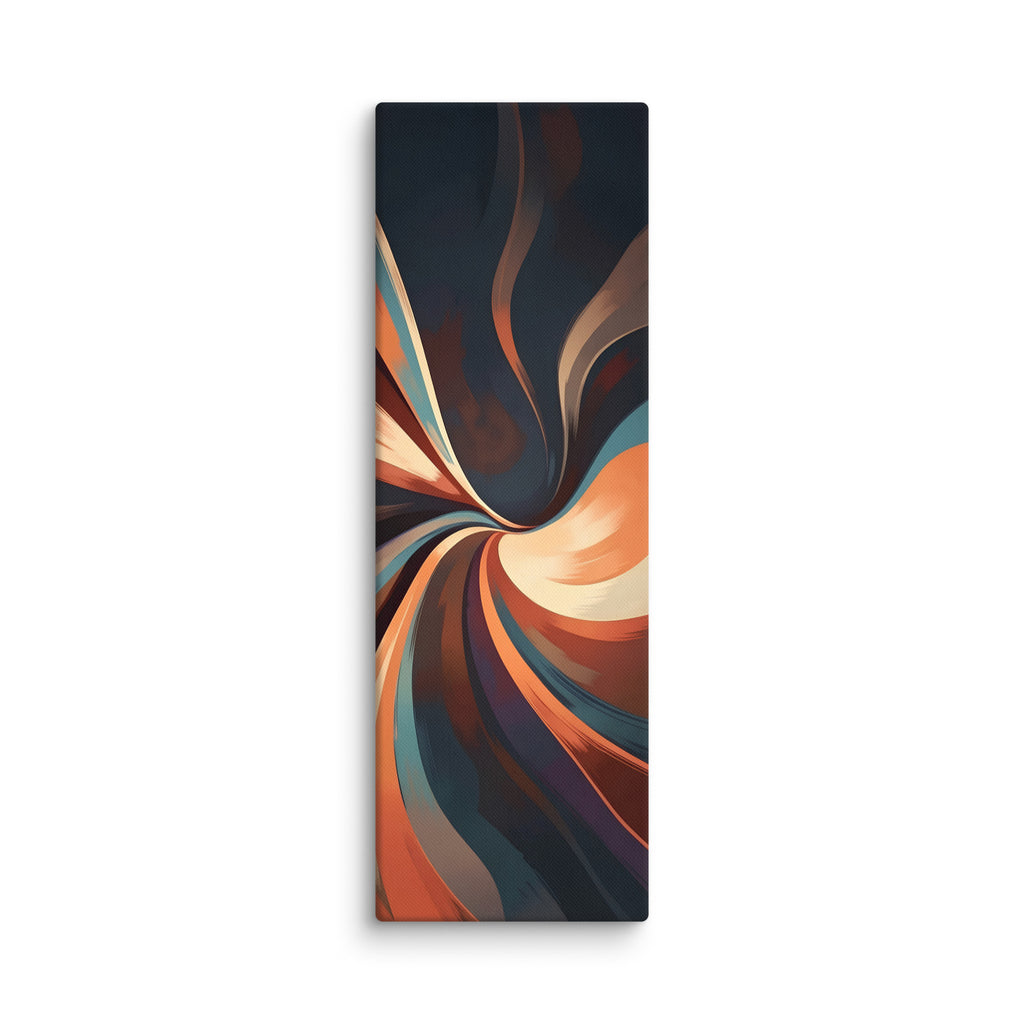 Stria Vortex tall vertical canvas artwork featuring a tightly wound vertical vortex of glowing amber, terracotta, and dark slate, shown on white.