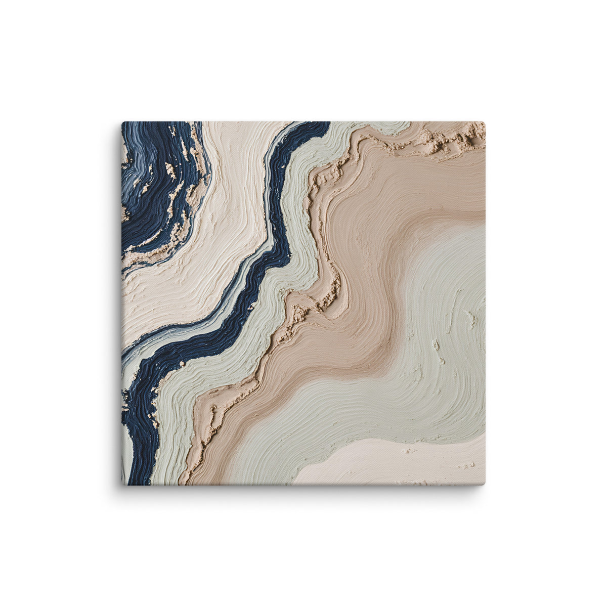 Striata canvas artwork with rhythmic bands of mineral color and sediment-like layers, shown on white.