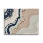 Striata canvas artwork with rhythmic bands of mineral color and sediment-like layers, shown on white.