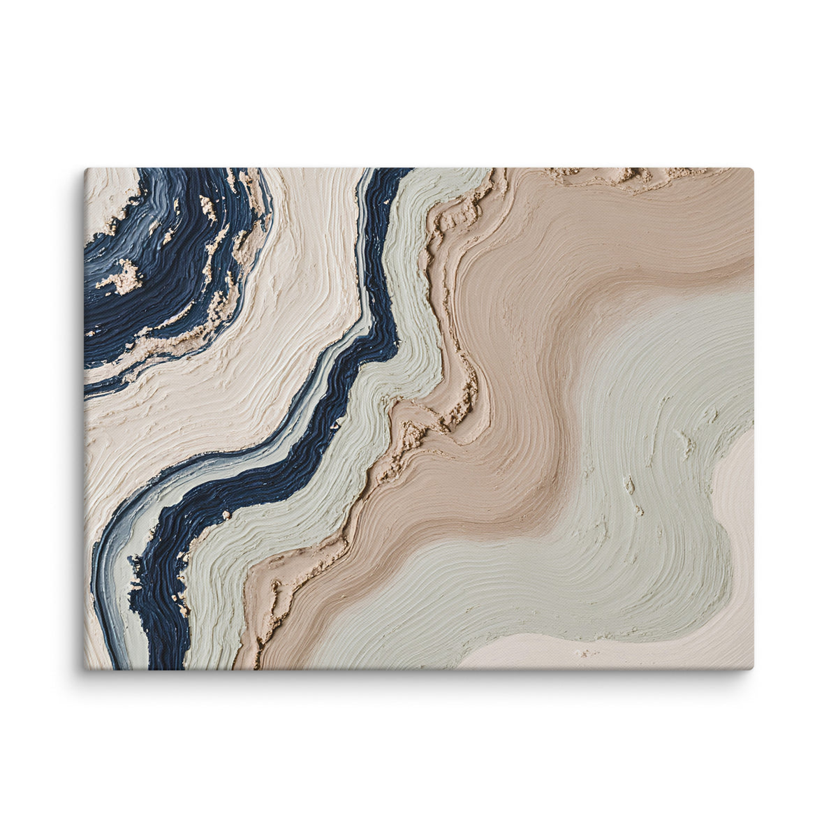 Striata canvas artwork with rhythmic bands of mineral color and sediment-like layers, shown on white.