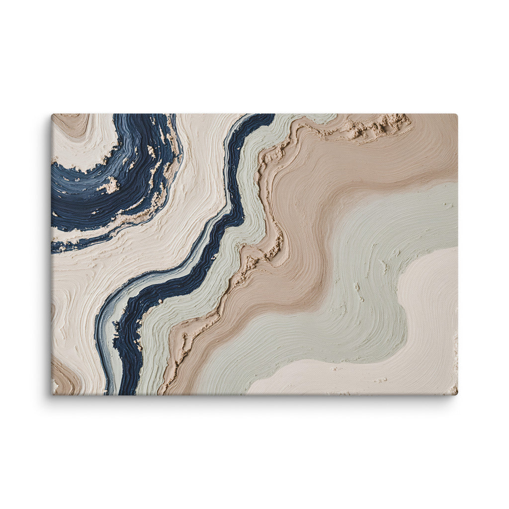 Striata canvas artwork with rhythmic bands of mineral color and sediment-like layers, shown on white.