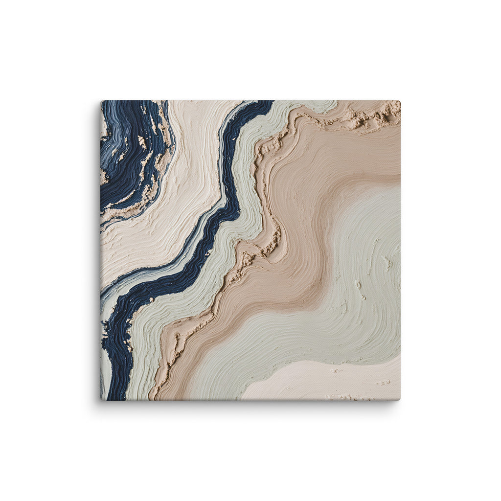 Striata canvas artwork with rhythmic bands of mineral color and sediment-like layers, shown on white.
