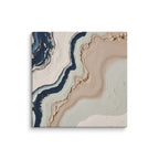 Striata canvas artwork with rhythmic bands of mineral color and sediment-like layers, shown on white.