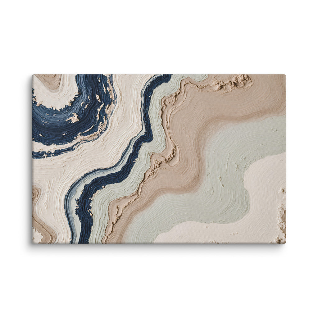 Striata canvas artwork with rhythmic bands of mineral color and sediment-like layers, shown on white.