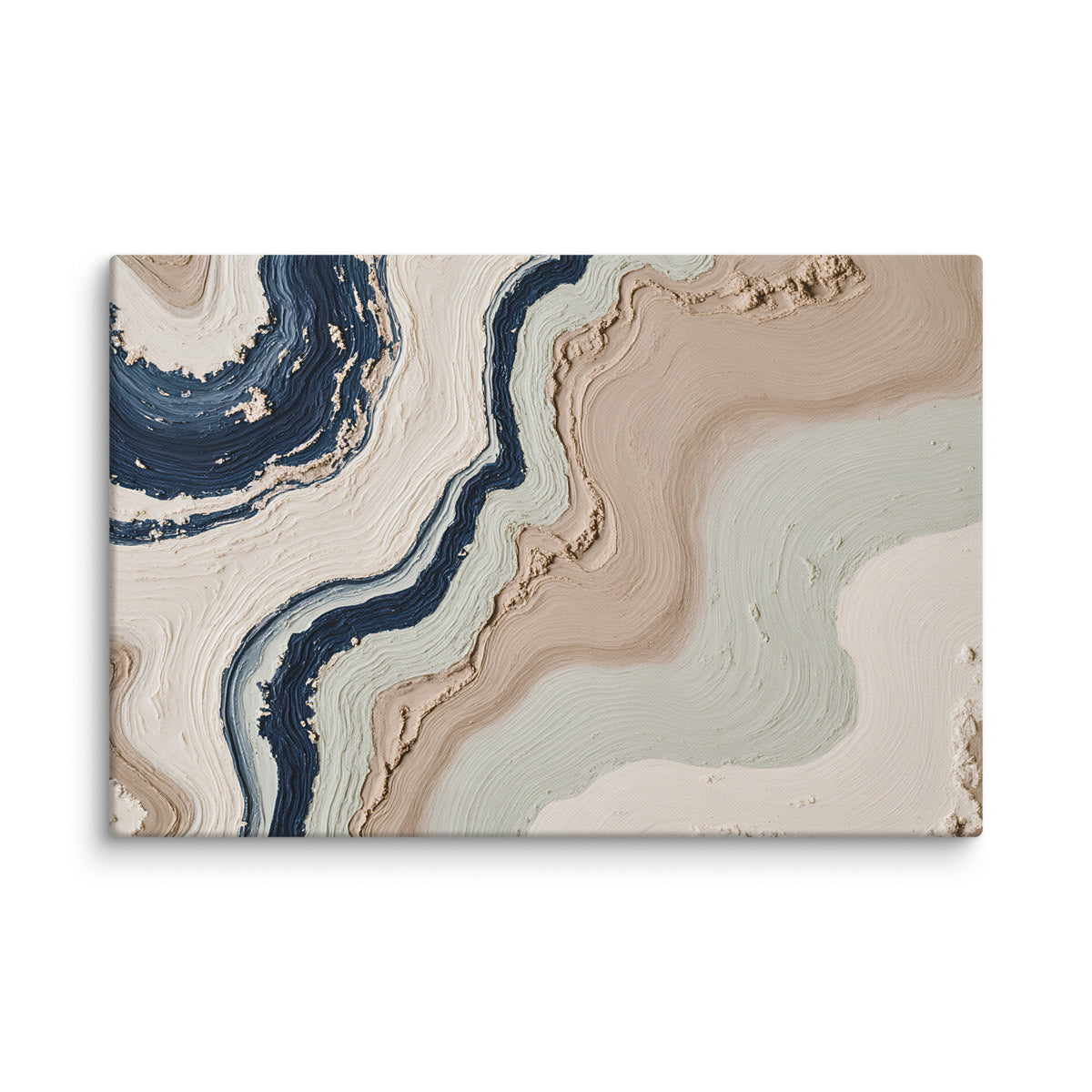 Striata canvas artwork with rhythmic bands of mineral color and sediment-like layers, shown on white.
