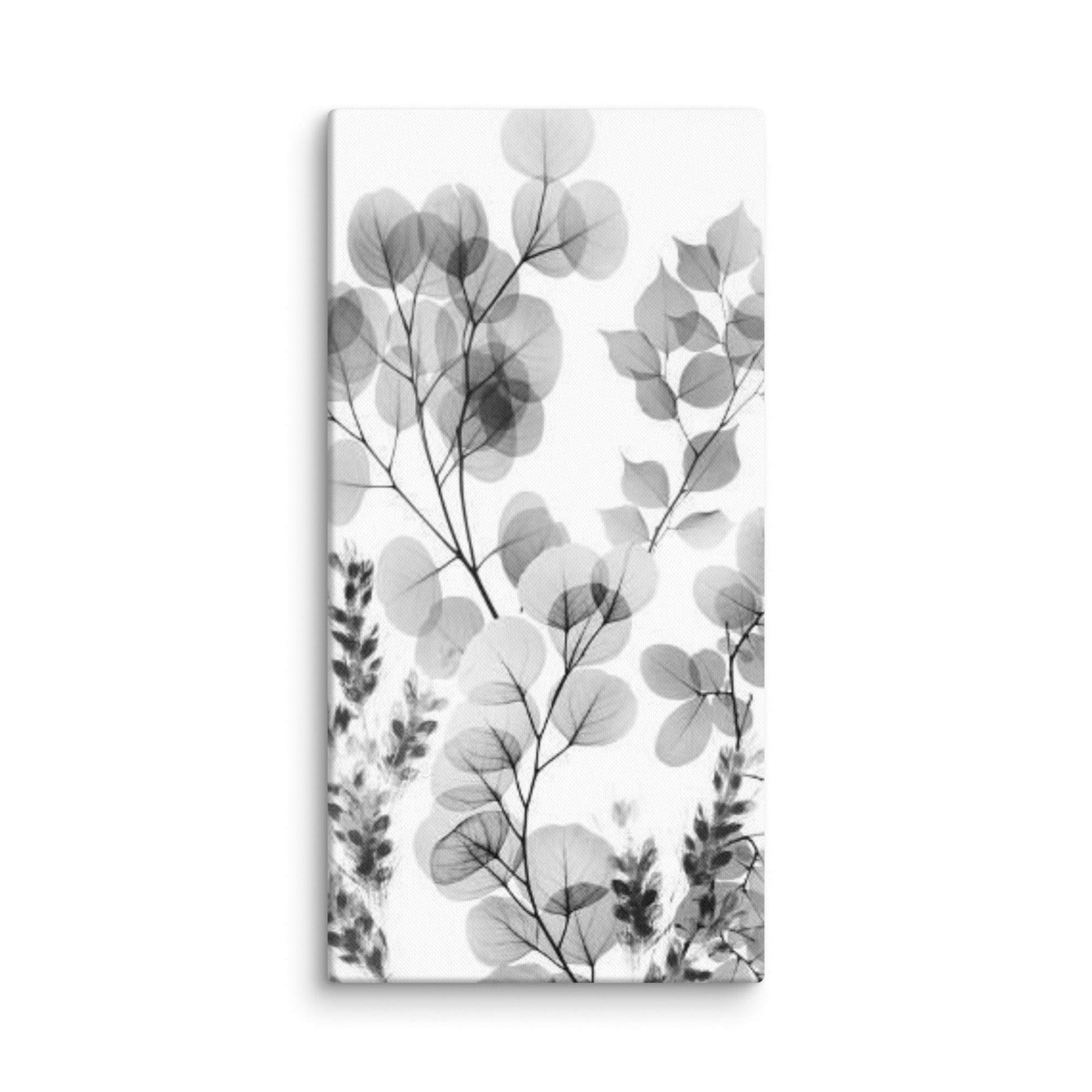 Fleur canvas black and white floral with product details shown in 24 x 48 inch statement piece