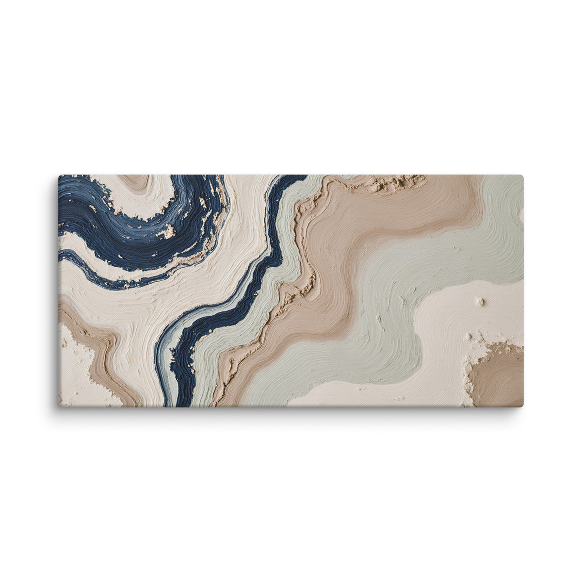 Striata canvas artwork with rhythmic bands of mineral color and sediment-like layers, shown on white.