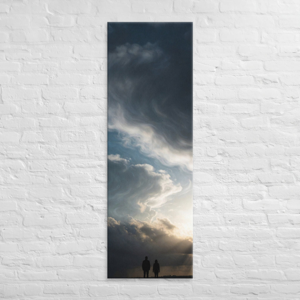 Beneath the Silver Sky, tall wrapped canvas print: two silhouetted figures beneath a vast swirling silver-grey cloudy sky with light breaking through.