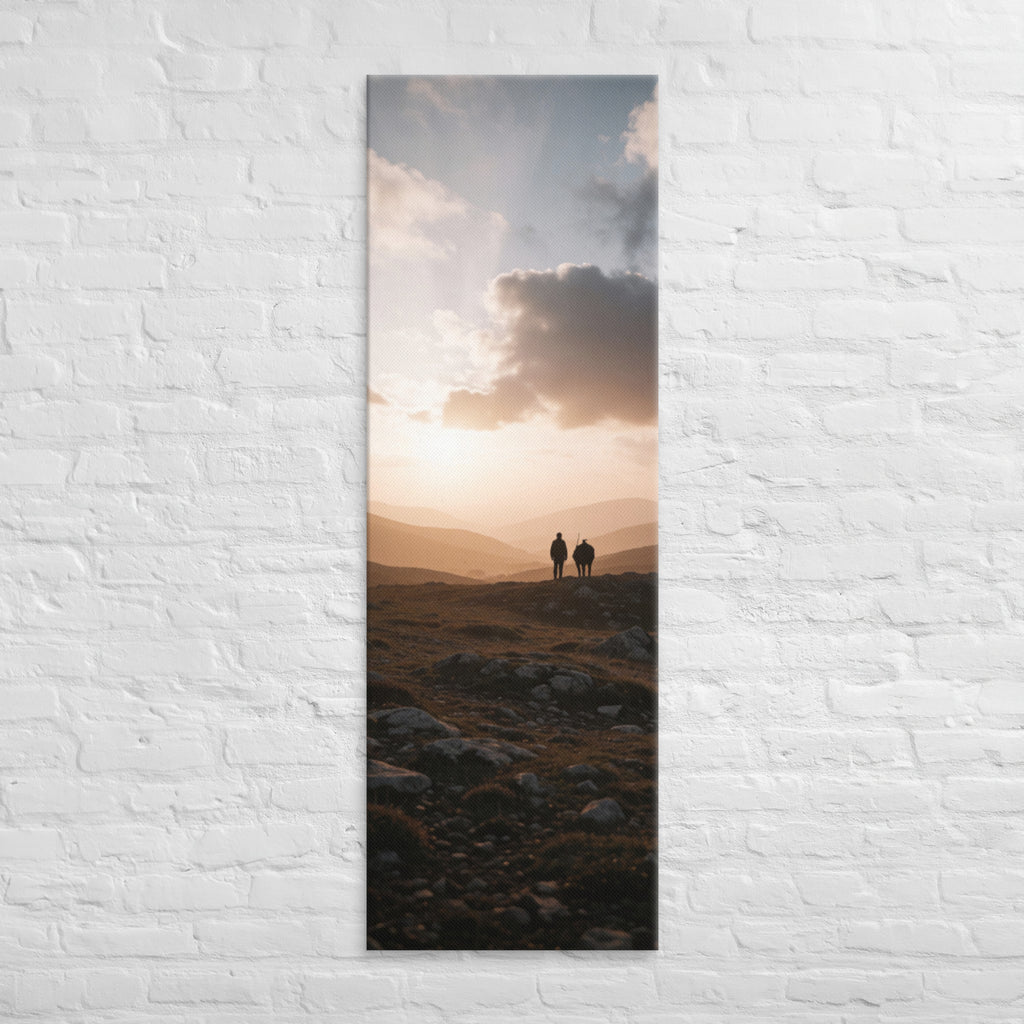 The Last Light Together, tall wrapped canvas print: two figures walking a rocky ridge at sunset, warm golden light over distant mountain peaks.