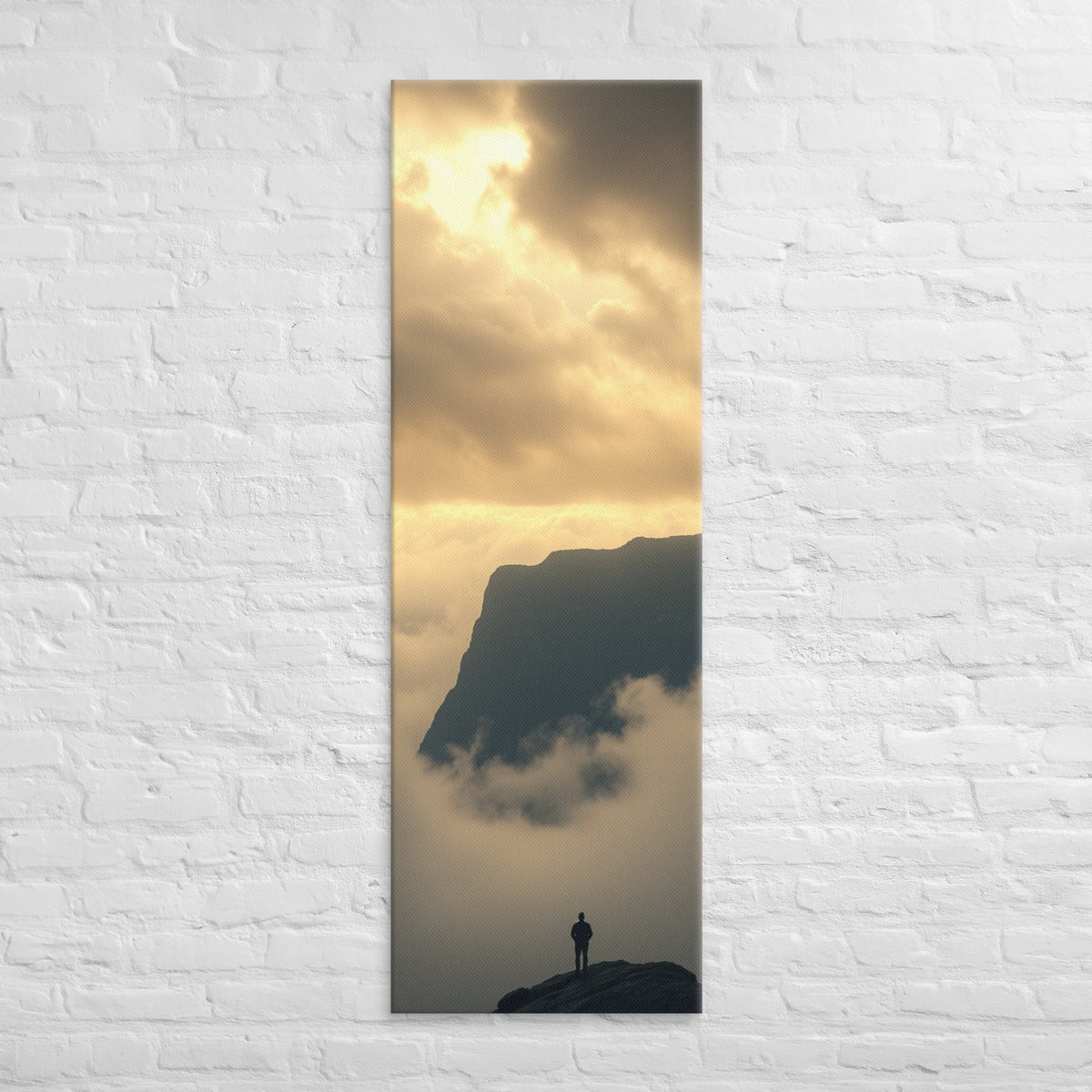 Above the Golden Mist, tall wrapped canvas print: a solitary figure on a peak above glowing golden clouds, a dark mountain mass behind.