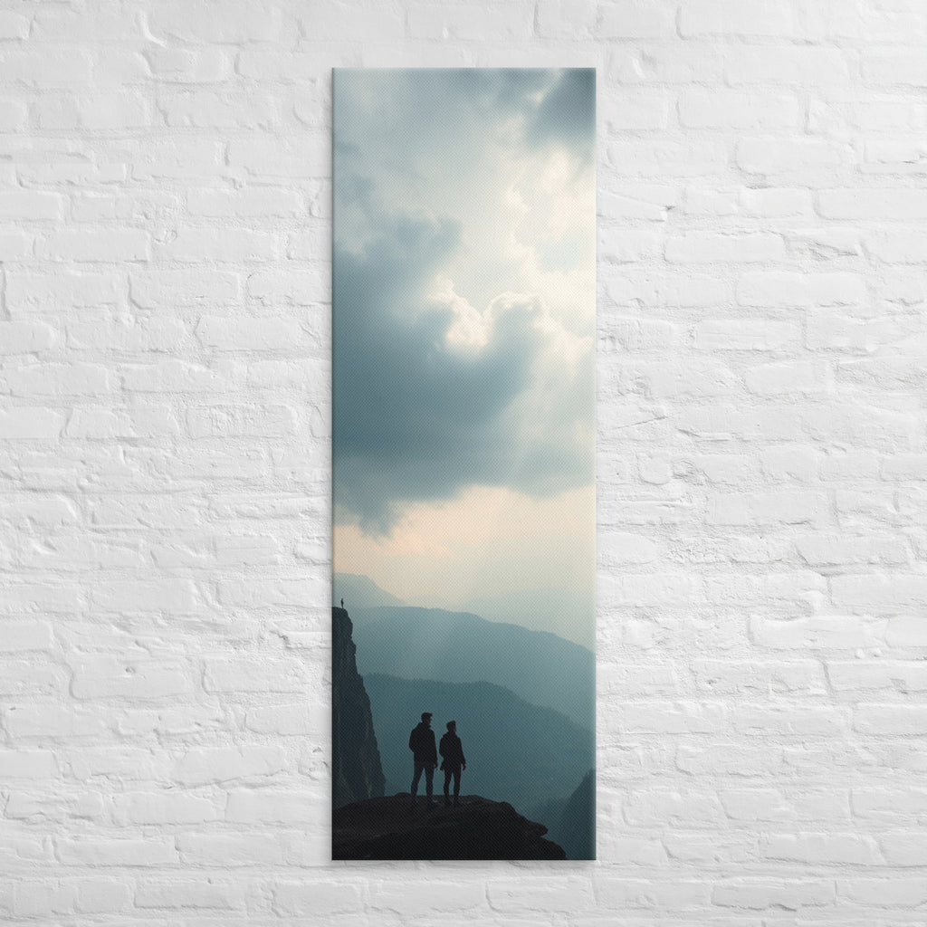 Across the Blue Ridges, tall wrapped canvas print: two figures on a cliff edge overlooking layered blue mountain ridges with slanting sunbeams.