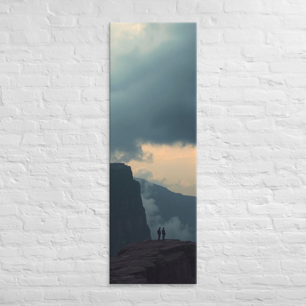 The Evening Overlook, tall wrapped canvas print: two figures on a clifftop at dusk, warm light glowing along the horizon beneath clouds.