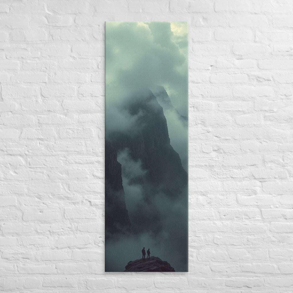 Before the Veiled Peak, tall wrapped canvas print: two figures on a rocky summit before a colossal mist-veiled mountain peak.
