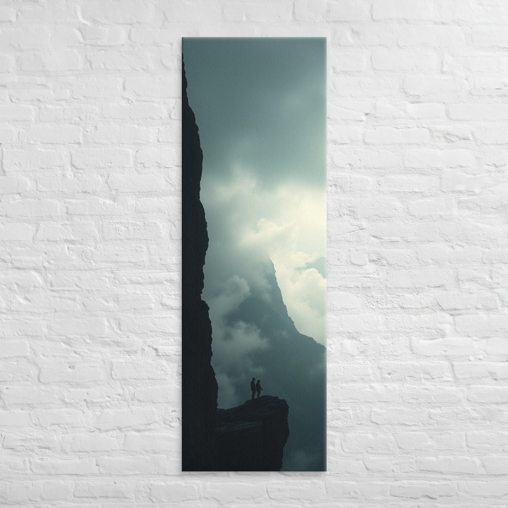 The Hidden Mountain, tall wrapped canvas print: two figures on a ledge facing a dark mountain mass half-hidden in bright mist.