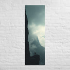 The Hidden Mountain, tall wrapped canvas print: two figures on a ledge facing a dark mountain mass half-hidden in bright mist.