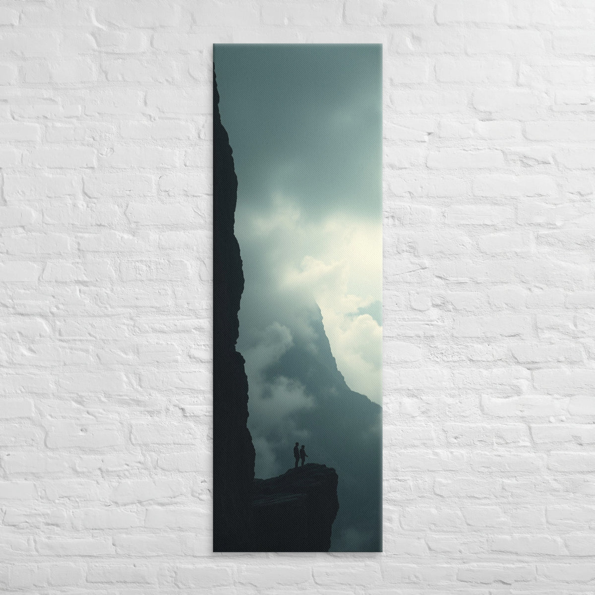 The Hidden Mountain, tall wrapped canvas print: two figures on a ledge facing a dark mountain mass half-hidden in bright mist.