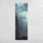 Under the Sheer Wall, tall wrapped canvas print: two small figures beneath a sheer cliff wall rising into cloud.
