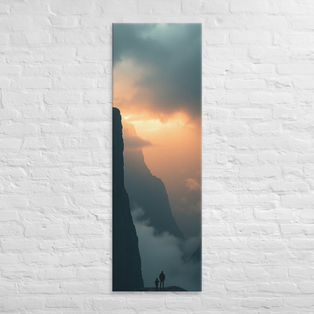 An Ember in the Gorge, tall wrapped canvas print: two figures on a ledge facing a gorge glowing ember-orange at sunset.
