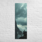 On Separate Ledges, tall wrapped canvas print: two figures standing apart on separate rocky pinnacles amid streaming clouds.
