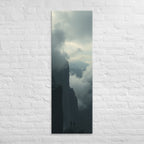 The Clouded Chasm, tall wrapped canvas print: two figures on a dark pinnacle above a chasm of churning cloud between sheer walls.