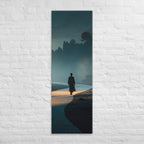 Along the Quiet Shore, tall wrapped canvas print: a solitary figure walking a misty shoreline path at blue hour.