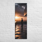 Sunset Beneath the Overhang, tall wrapped canvas print: a suited figure on a rain-slicked rooftop terrace beneath a dark overhang at sunset.
