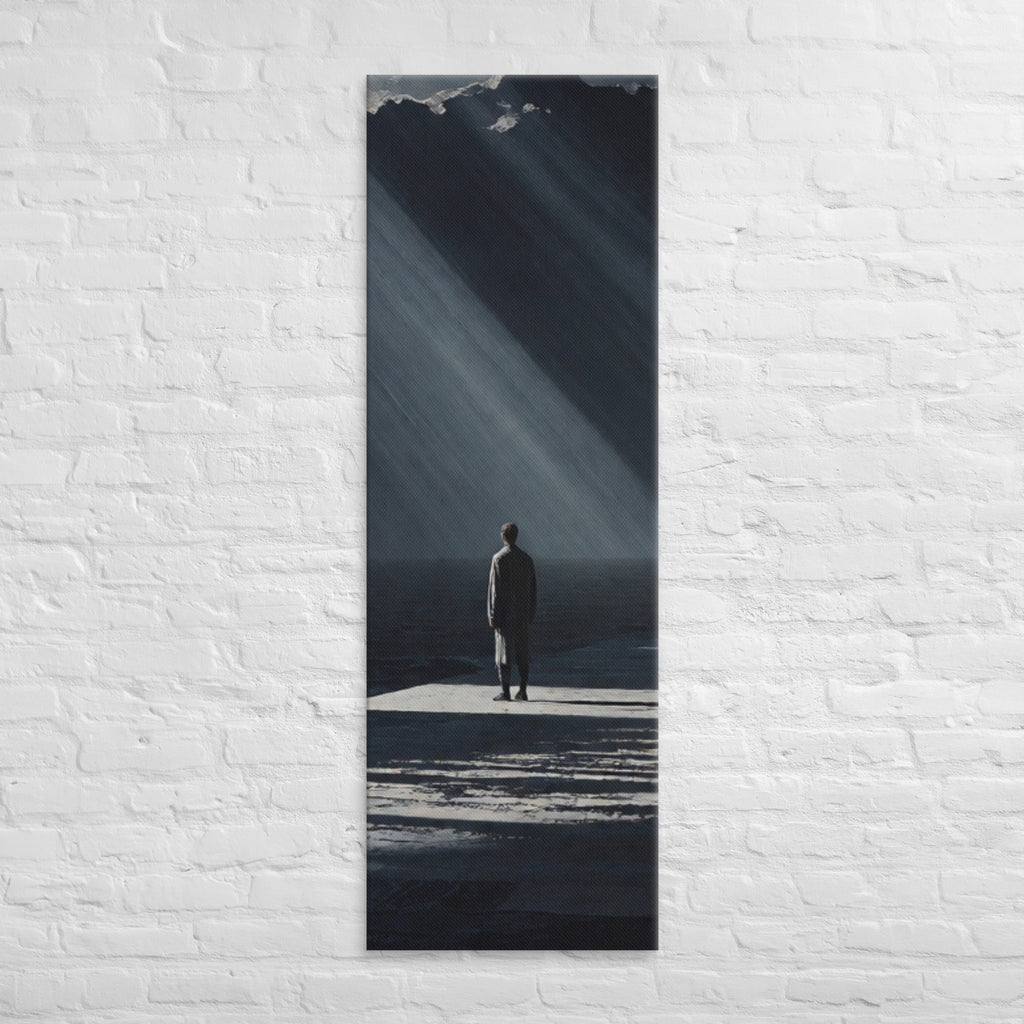 In a Shaft of Light, tall wrapped canvas print: a lone figure at the water's edge beneath dramatic shafts of light breaking through dark clouds.